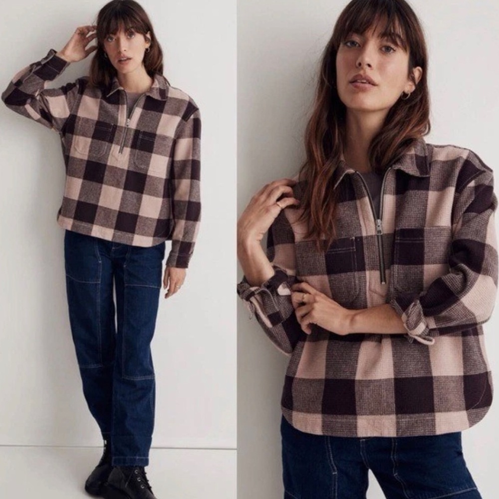 Madewell Waffle Half Zip Popover Warm Sandstone Plaid Shirt Size XS